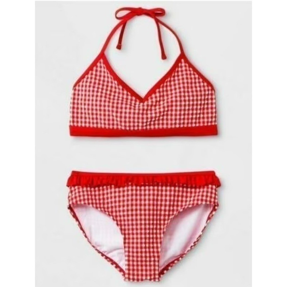 Cat & Jack Girls "Picnic" Gingham 2-Piece Bikini Set Red Size Medium 7/8